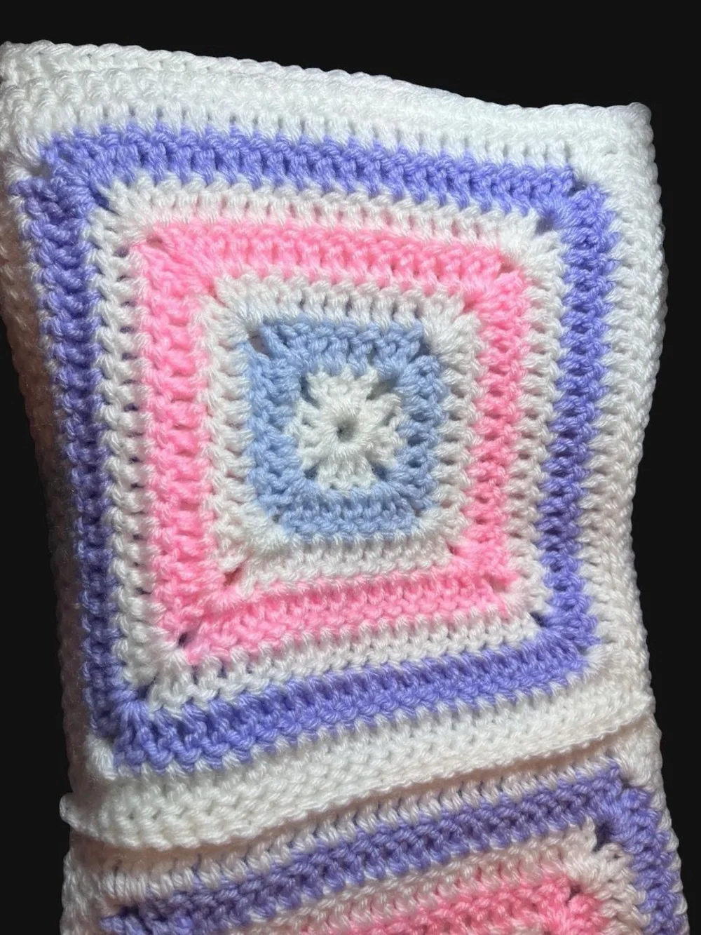 Handmade Crochet Granny Square baby Blanket - White, Pink, Purple & Blue 41x32